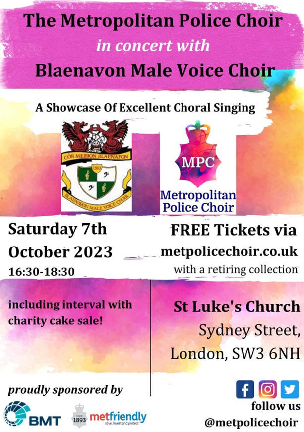 🎶 Our friends at the Metropolitan Police Choir invite you to a delightful afternoon of choral music with the Blaenavon Male Voice Choir! 🎤

🗓️ Sat, 7th Oct | 4:30-6:30 PM 
📍 St Luke's Church, London, SW3 6NH 
🎟️ Book (it's free!): rb.gy/w0mxh
