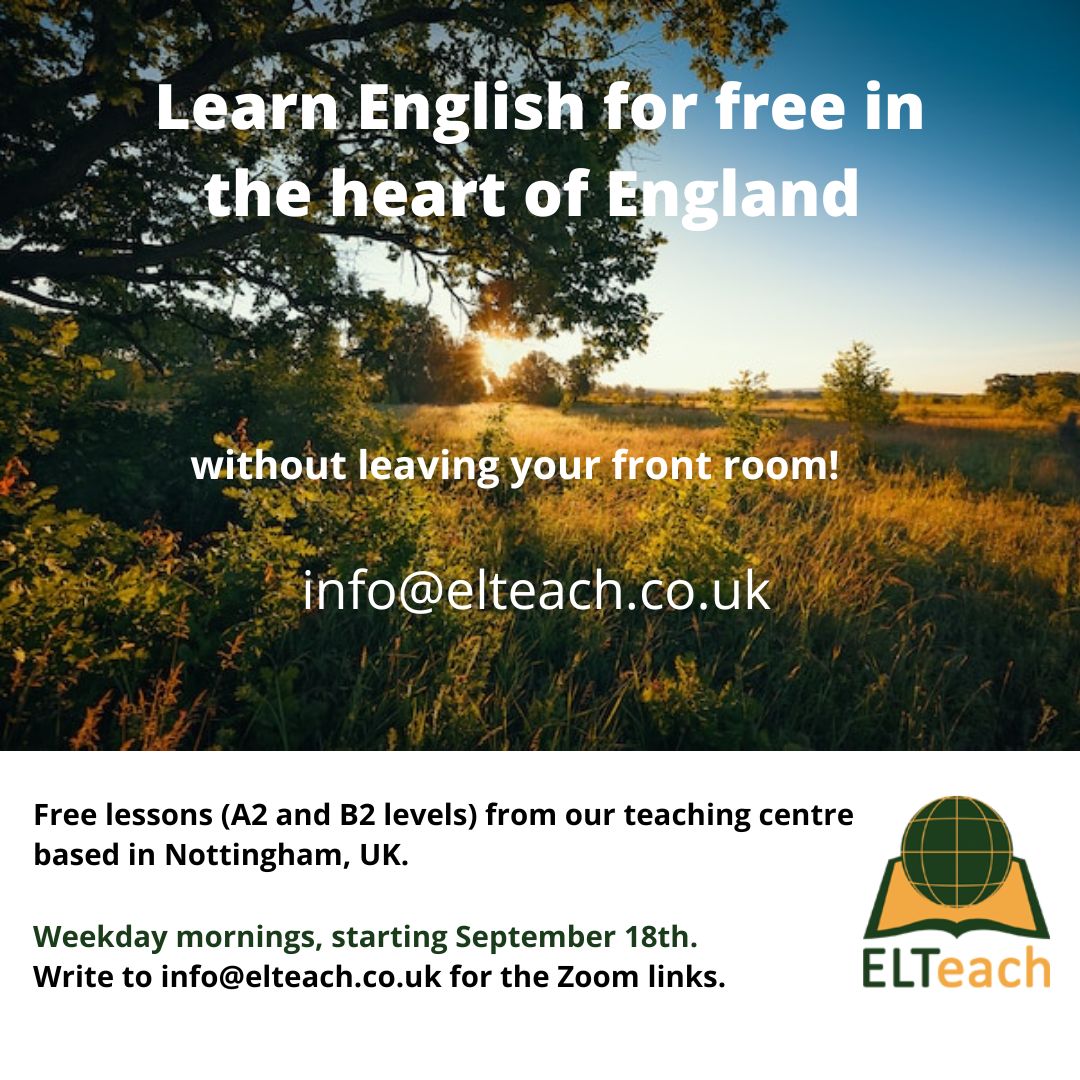 ELTeach (@elteach4) on Twitter photo Free English classes!
We have classes at all levels (A1 - B2).
A2 and B2 level (daily) classes begin on 18th September on weekday mornings. Part-time A2 and B2 classes (Wednesday evening and Saturday morning) begin at the end of the month.
Write to info@elteach.co.uk Free English classes!
We have classes at all levels (A1 - B2).
A2 and B2 level (daily) classes begin on 18th September on weekday mornings. Part-time A2 and B2 classes (Wednesday evening and Saturday morning) begin at the end of the month.
Write to info@elteach.co.uk