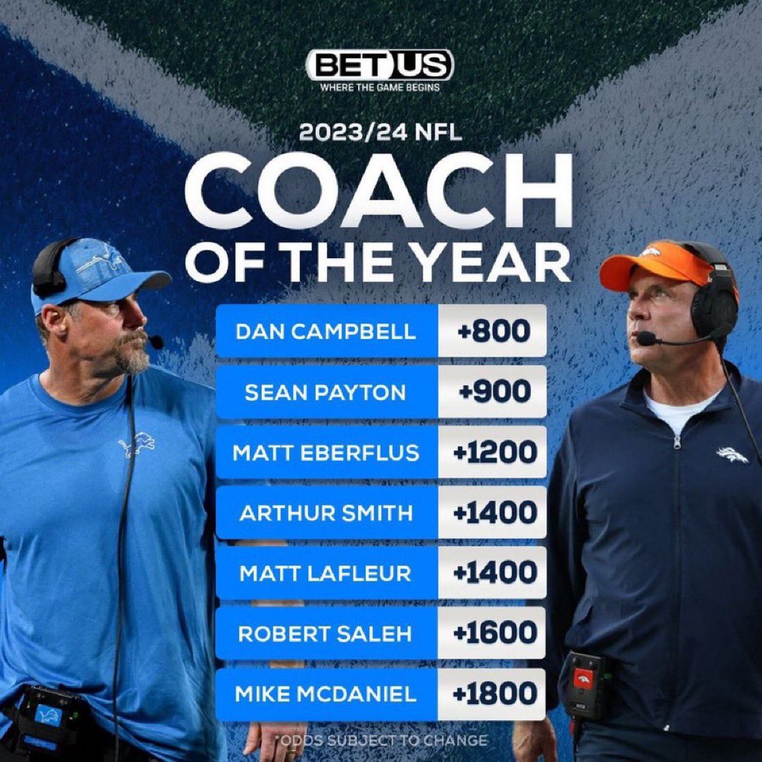 The odds for #NFL Coach of the Year have been set 👀 You going with one of the top 2, or someone with over +1000 odds? Lock in your picks today by signing up w/ @BetUS_Official and get a 125% BONUS on your first despot! ➡️ bit.ly/PHLSportsNatio…