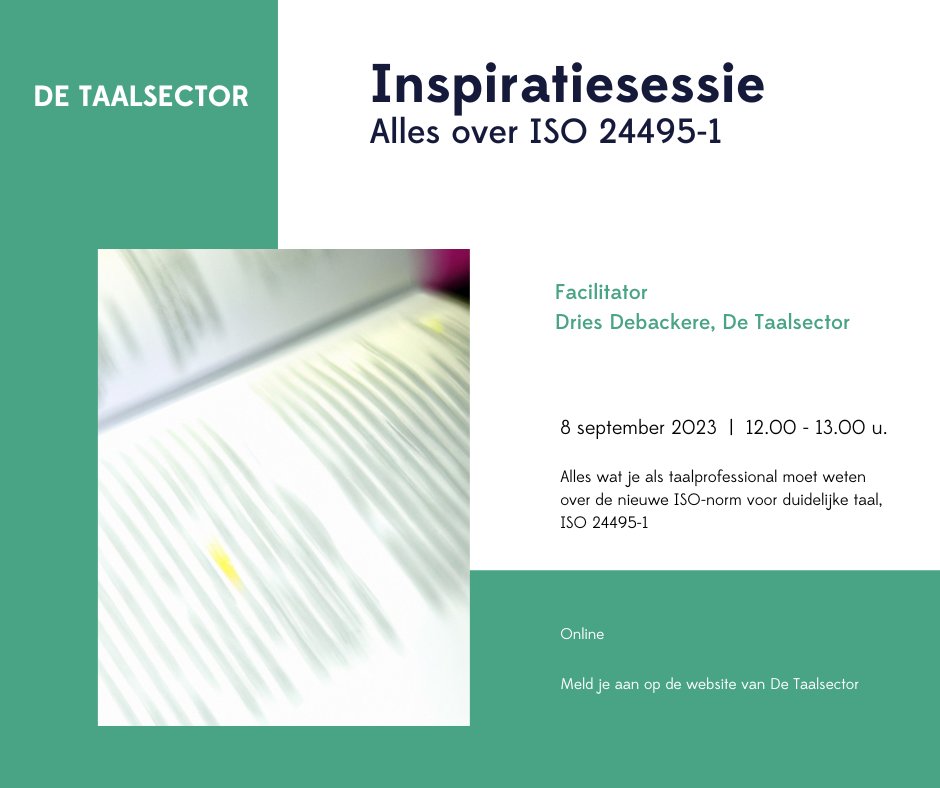 Benieuwd naar de nieuwe ISO-norm voor duidelijke taal, ISO 24495-1?

➡️taalsector.be/cms/4742

#heerlijkhelder #taal #taalsector #taalprofessionals #houhetduidelijk