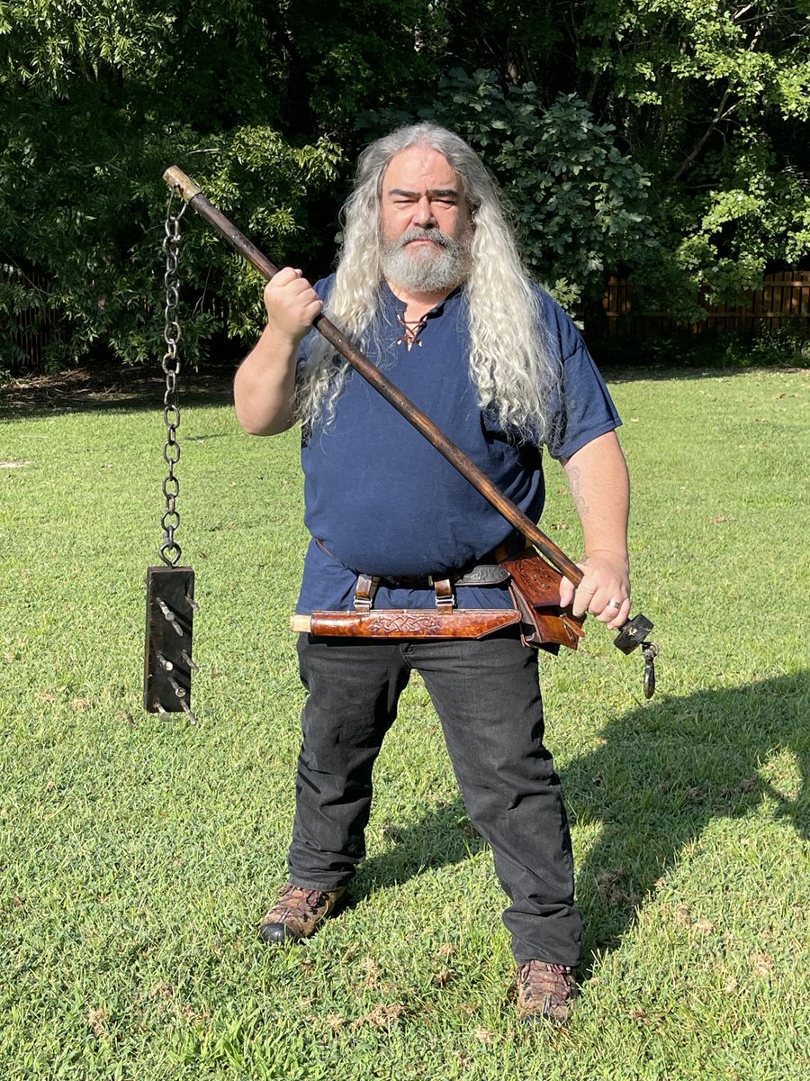 Custom weapon I made for a client. Calling it the "Apocalypse flail". 10" spikes with a hook counter balance based on an Asian style flail. Available for work (acting) on the big or little screen. #viking #Irish #western #blacksmith #actor #martialarts #blackbelt #medieval