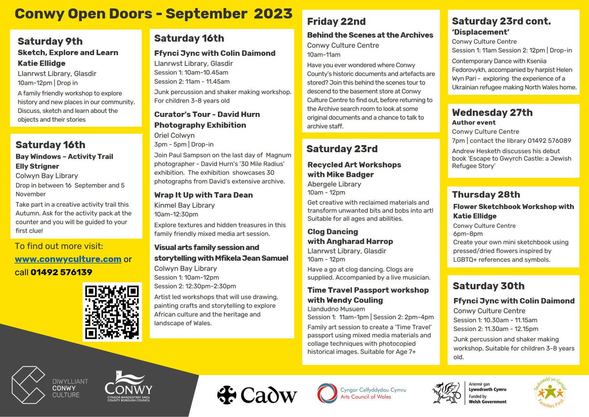 In celebration of Cadw’s month of Open Doors, Conwy Culture have a programme of free activity and events taking place this September. Sessions include family friendly - dance, music and crafts. 

Some events are bookable. bit.ly/3TgnC37