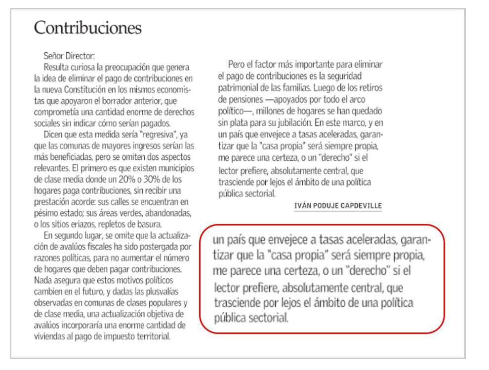 Los errores de esta carta ayudan a entender el impuesto territorial: 
1. Que el 20-30% de las viviendas de una comuna paguen no implica una alta recaudación municipal: los primeros $53MM del avalúo fiscal de cada vivienda están exentos y el 60% del pago se va al FCM