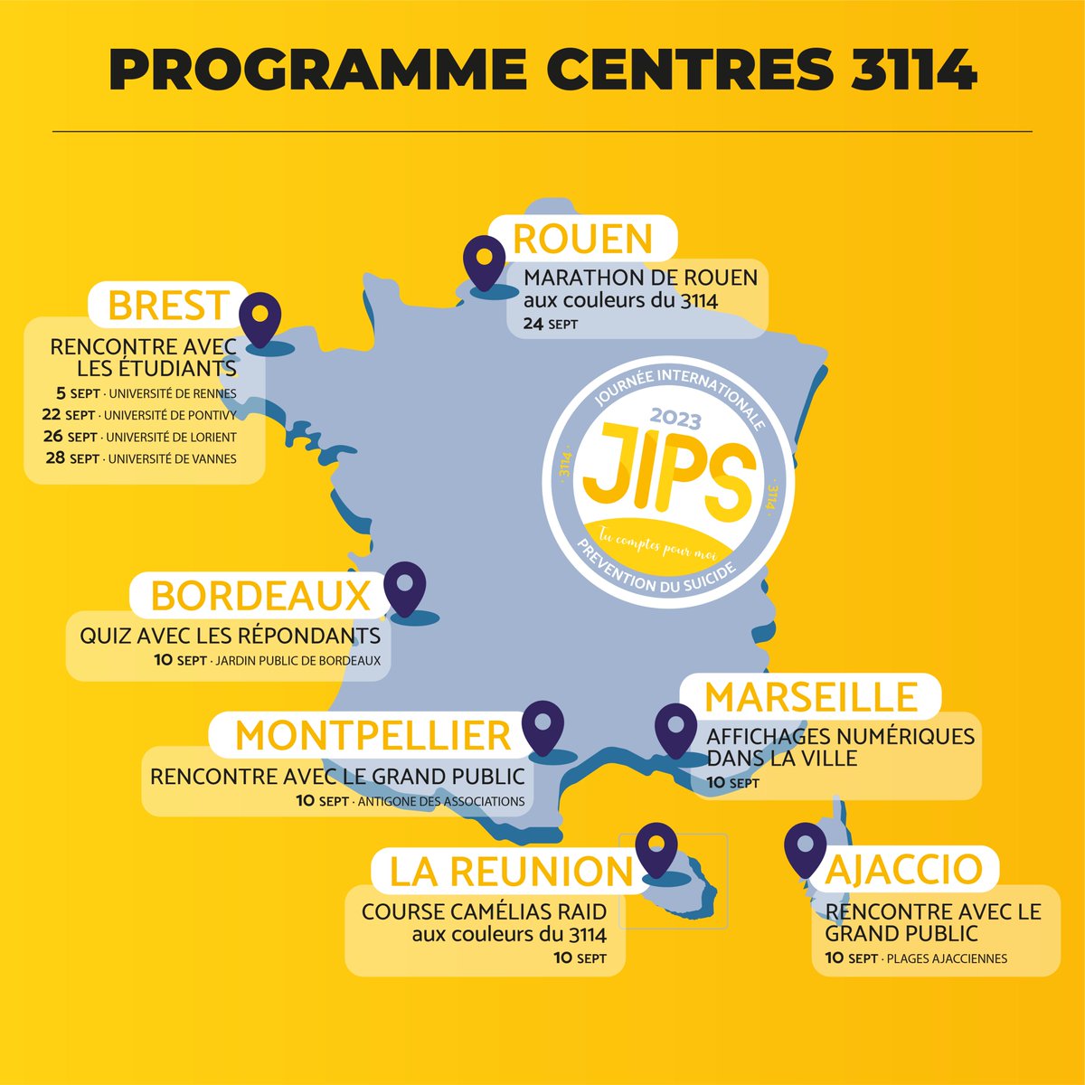 À l’occasion #JIPS2023, les centres de réponse du 3114 se mobilisent tout au long de ce #SeptembreJaune 📍Suivez ce programme détaillé pour voir s’il se passe quelque chose près de chez vous ⬇️ Un grand merci aux centres et à leurs partenaires pour leur engagement continu en…