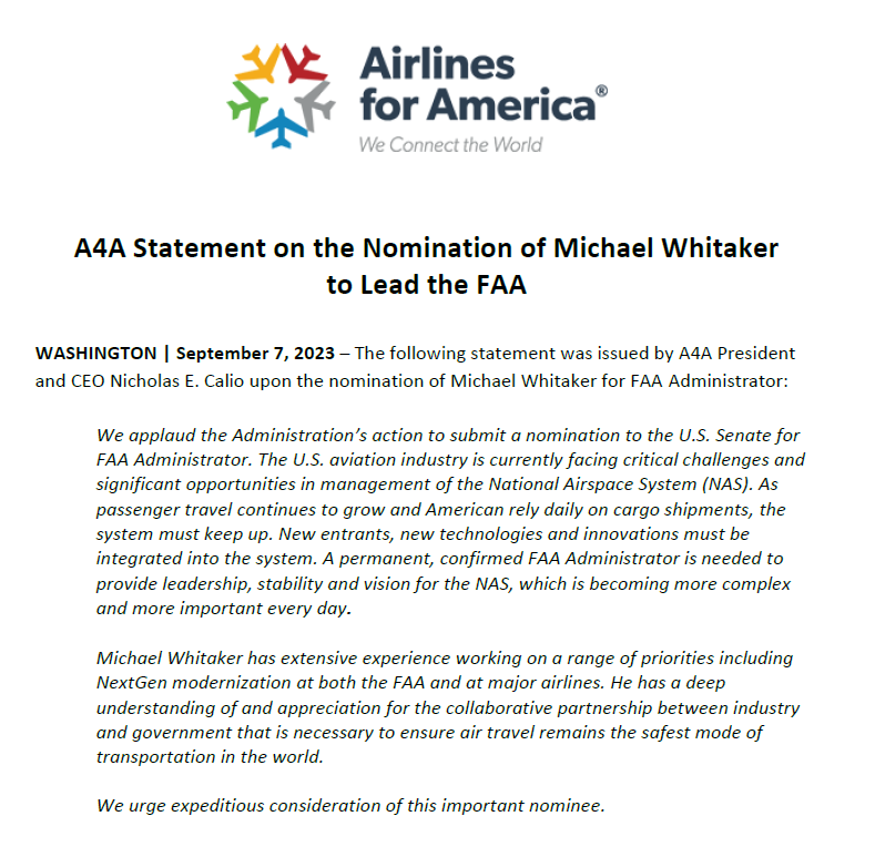 AirlinesDotOrg's tweet photo. A4A statement on the nomination of Michael Whitaker to lead @FAANews: https://t.co/jDGpgrEWcD