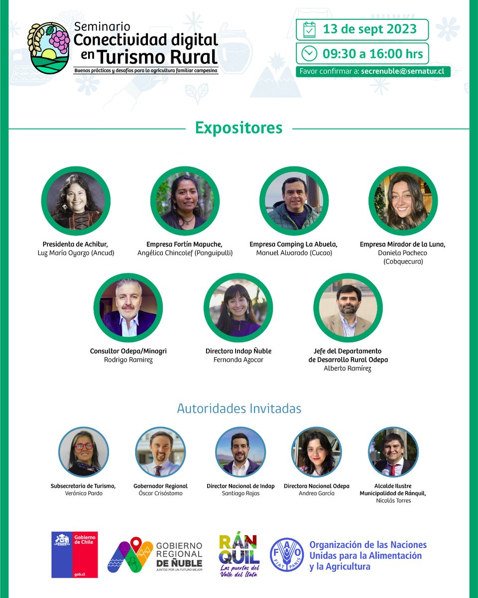 @achiturag invita a participar del Seminario Conectividad Digital en el Turismo Rural a realizarse el próximo 13 de septiembre desde las 9:30 a 16:00 hrs. En la Casa de la Cultura de Ranquil, Región de Ñuble.
#turismorural #conectividaddigital #tecnologia #internet #agricultura