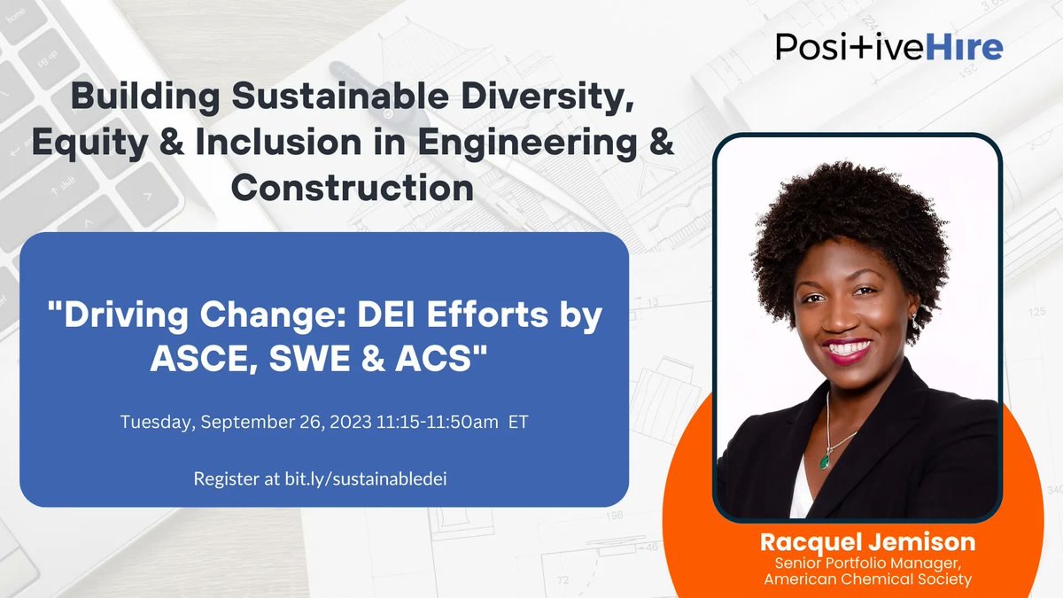 PositiveHireCo's tweet image. Curious about DEI efforts by industry giants? Join us at #DiversityInEngineering to hear from representatives of ASCE, SWE, and ACS. Gain insights into their strategies for fostering diversity, equity, and inclusion in engineering and construction.