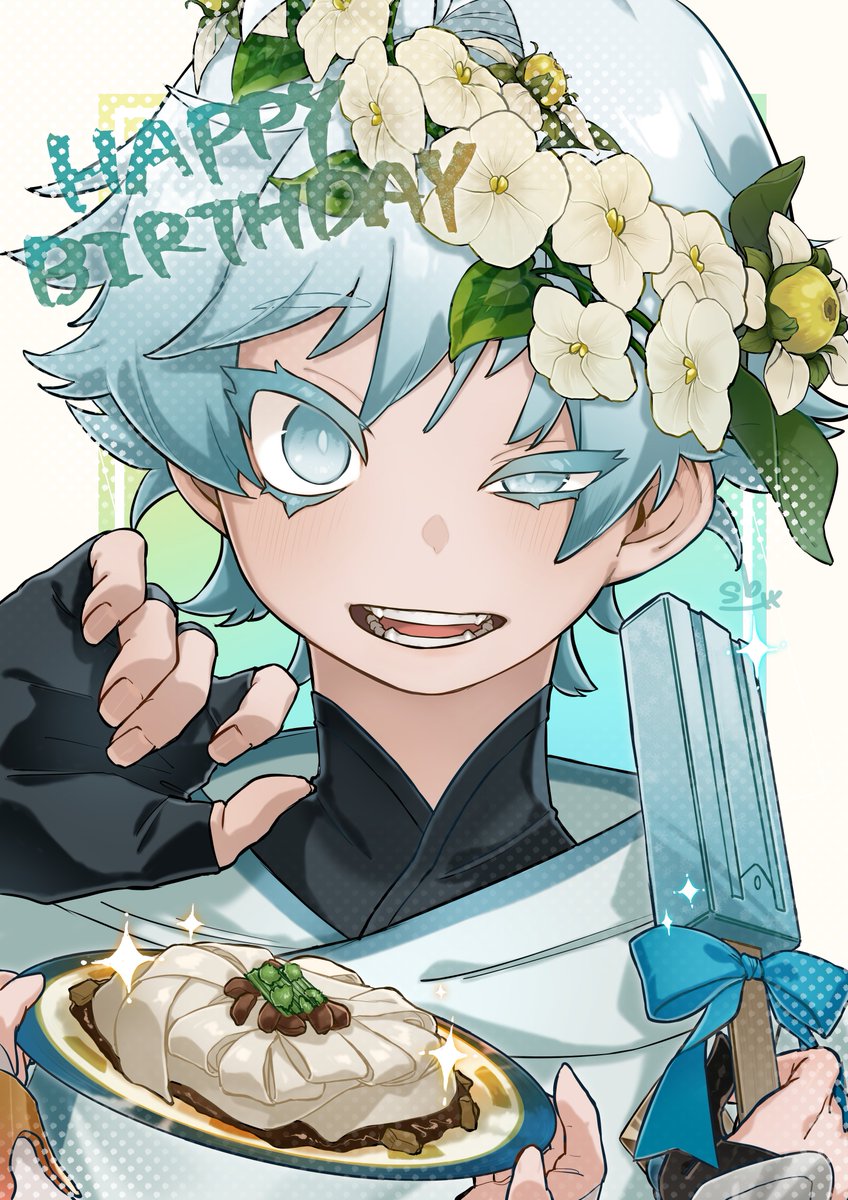 chongyun (genshin impact) food male focus 1boy head wreath blue hair holding happy birthday  illustration images