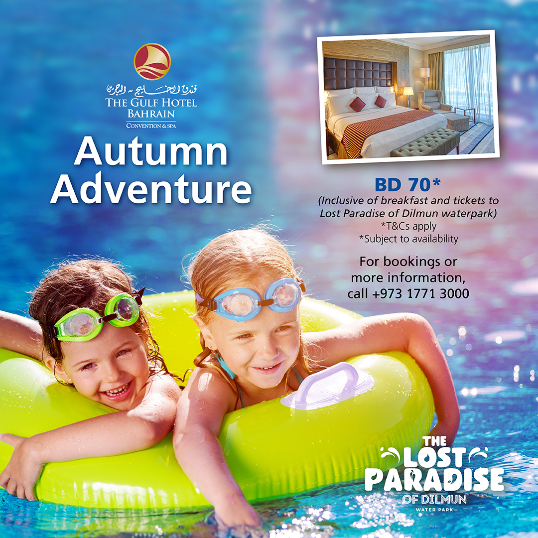 Ready for an autumn adventure?

Get ready to splash into the season with tickets to The Lost Paradise of Dilmun Waterpark!

BD 70*
(inclusive of breakfast and tickets to the waterpark)

*T&amp;Cs apply

For bookings or more information, call +973 1771 3000

#gulfhotel #bahrain