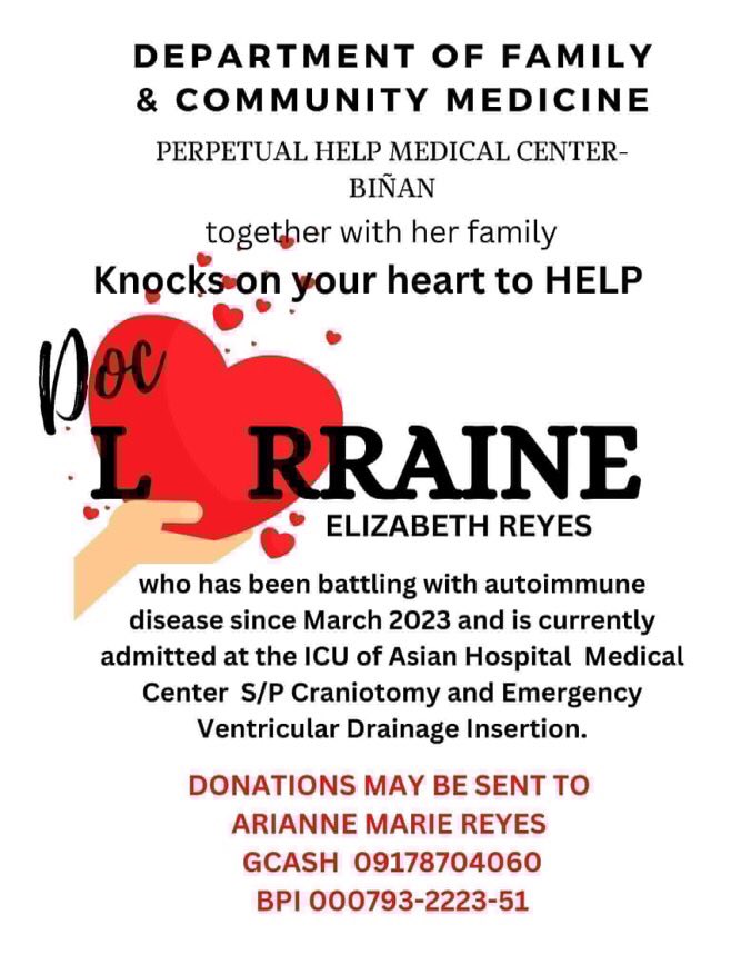 pauloMDtweets's tweet image. Just read a sad news, my former Family Medicine Resident and her family are asking for your help on her current medical condition. She&apos;s one of the most kindest resident I&apos;ve work with. I hope this could reach to people who&apos;ll help Dr Raine Reyes. #FamilyMedicine #FamMed #RT