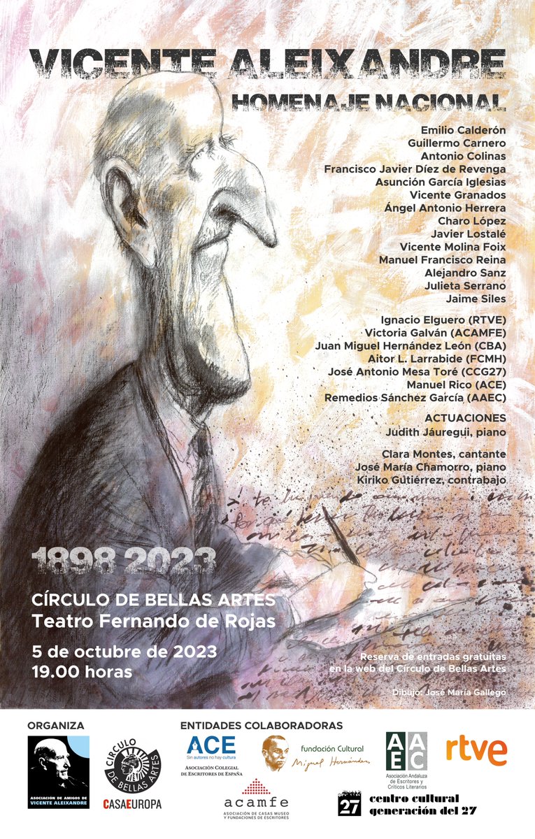 AleixandreMerlo's tweet photo. El jueves, 5 de octubre, a las 19.00 horas, tenemos una cita histórica con VICENTE ALEIXANDRE y con la poesía en el Círculo de Bellas Artes (@cbamadrid). Podéis reservar vuestras entradas gratuitas a partir del martes próximo, 12 de septiembre, desde la web del propio CBA. https://t.co/JTVFdf18E0