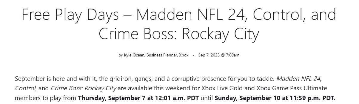 Free Play Days – Madden NFL 24, Control, and Crime Boss: Rockay