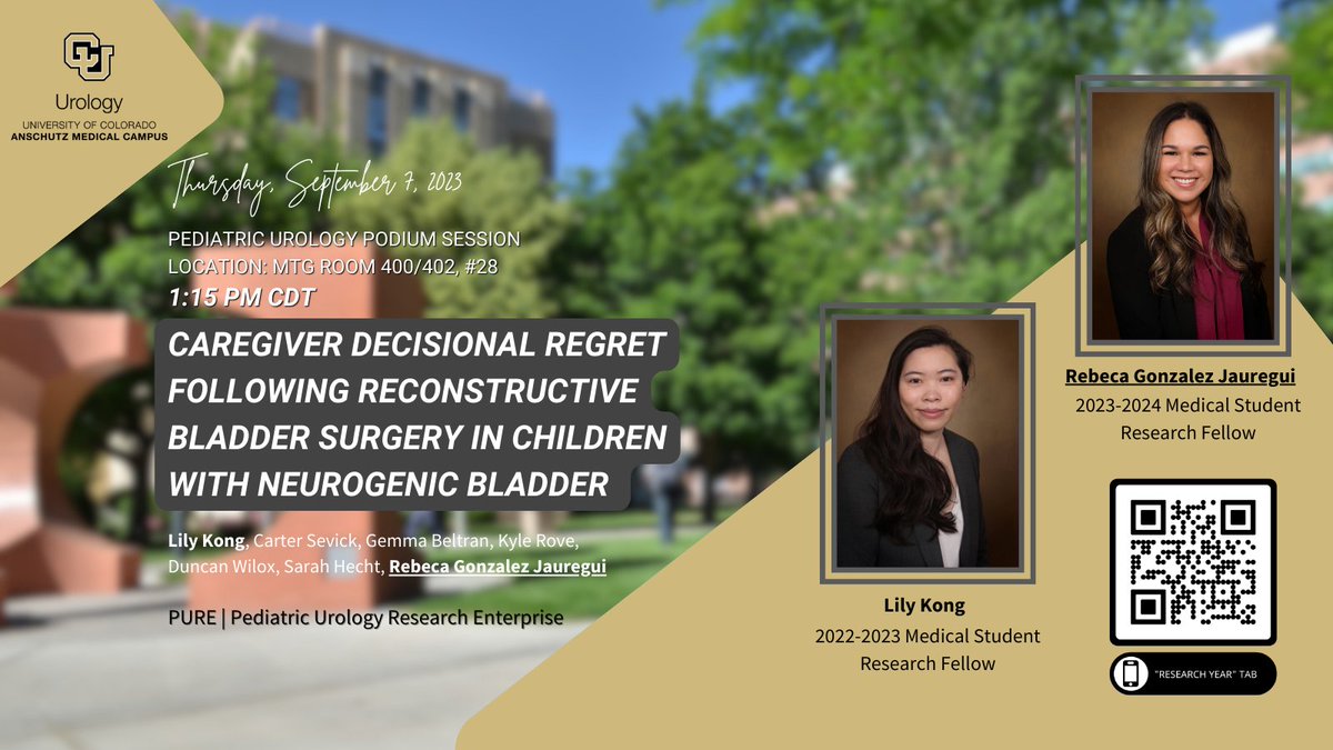 CU Urology (@cu_urology) on Twitter photo Don't miss our Medical Student Research Fellow podium presentation at #SCSAUA23!
Interested in our Pediatric and Adult Congenital Urology Medical Student Research Fellowship? Follow the link and click the "Research Year" tab.
🔗tinyurl.com/24bh6yd6
<a href="/lil_med_kong/">Lily Kong</a> <a href="/SCSAUA/">South Central Section of the AUA</a> Don't miss our Medical Student Research Fellow podium presentation at #SCSAUA23!
Interested in our Pediatric and Adult Congenital Urology Medical Student Research Fellowship? Follow the link and click the "Research Year" tab.
🔗tinyurl.com/24bh6yd6
<a href="/lil_med_kong/">Lily Kong</a> <a href="/SCSAUA/">South Central Section of the AUA</a>