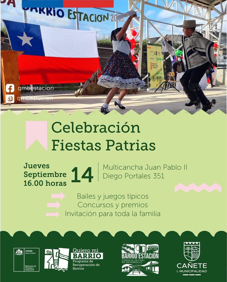 mi_estacion's tweet photo. ¡Celebramos #FiestasPatrias juntos! 🇨🇱 Los invitamos a participar de este encuentro organizado por el Programa Quiero Mi Barrio Estación, Cañete, en apoyo del alcalde Jorge Radonich y @canetemuni, donde como cada año realizaremos actividades típicas chilenas. 👇👇

@barrios8va https://t.co/RcusbOk3xu