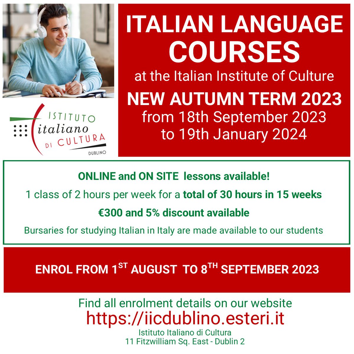 ❗LITTLE TIME LEFT TO ENROLL IN OUR ITALIAN LANGUAGE CLASSES and for the ITALIAN BOOK CLUB! 🇮🇹
We have extended the enrollments until Monday 11th September... don't miss this chance! More info available on our website: iicdublino.esteri.it