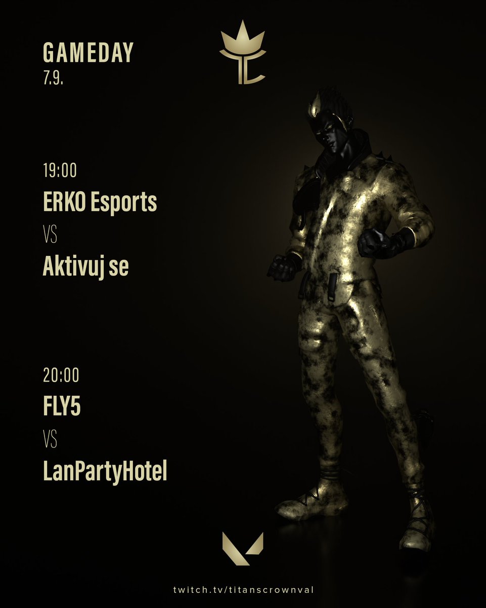 Game day! 🤟Dnes tu máme dva zápasy!
19:00 <a href="/ERKOEsports/">ERKO Esports</a> x Aktivuj se
20:00 <a href="/fly5esports/">FLY5</a> x LanPartyHotel 

Vidíme se na twitchi twitch.tv/titanscrownval