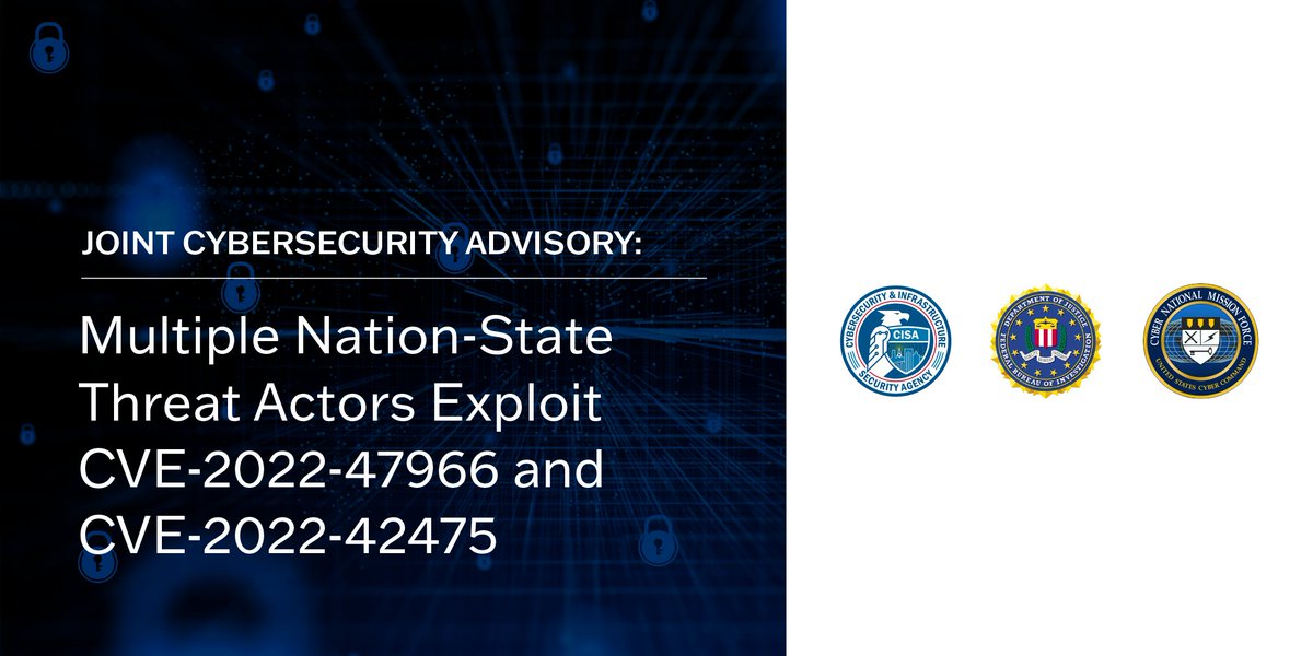 🚨Multiple APT actors compromised an Aeronautical Sector org by exploiting CVE-2022-47966 &amp; CVE-2022-42475. Check out the latest advisory from <a href="/CISAgov/">Cybersecurity and Infrastructure Security Agency</a> &amp; our teammates <a href="/FBI/">FBI</a> &amp; <a href="/CNMF_CyberAlert/">USCYBERCOM Cybersecurity Alert</a>: go.dhs.gov/oNS