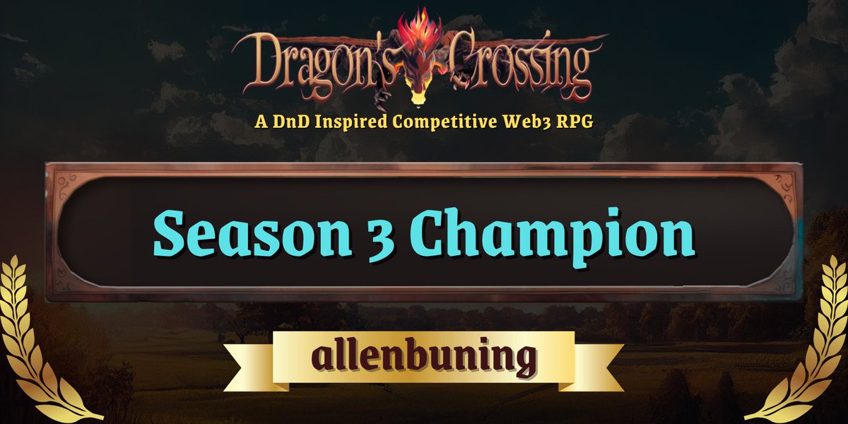 Dragon's Crossing (@dragonscrossing) on Twitter photo A New Champion
We would like to congratulate <a href="/buning1980/">Allen Buning 💙</a> for the incredibly hard accomplishment of winning Dragon's Crossing Season 3!
Will he defend his title next season?
Join our Discord (discord.gg/JwaAymeFX3) and play Season 4 to find out! A New Champion
We would like to congratulate <a href="/buning1980/">Allen Buning 💙</a> for the incredibly hard accomplishment of winning Dragon's Crossing Season 3!
Will he defend his title next season?
Join our Discord (discord.gg/JwaAymeFX3) and play Season 4 to find out!