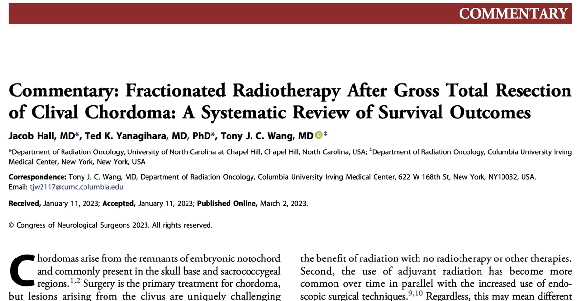 NeuroOncSurgery's tweet photo. Thank you #JacobHall, @tedradonc and @TonyWangMD for your insightful commentary with respect to our manuscript.
We agree that future multi-center and multi-disciplinary prospective trials are warranted!
Link: https://t.co/BBnjYtIW8I
@NeurosurgeryCNS @ChordomaFDN
#Chordoma https://t.co/V7pSo46P4z