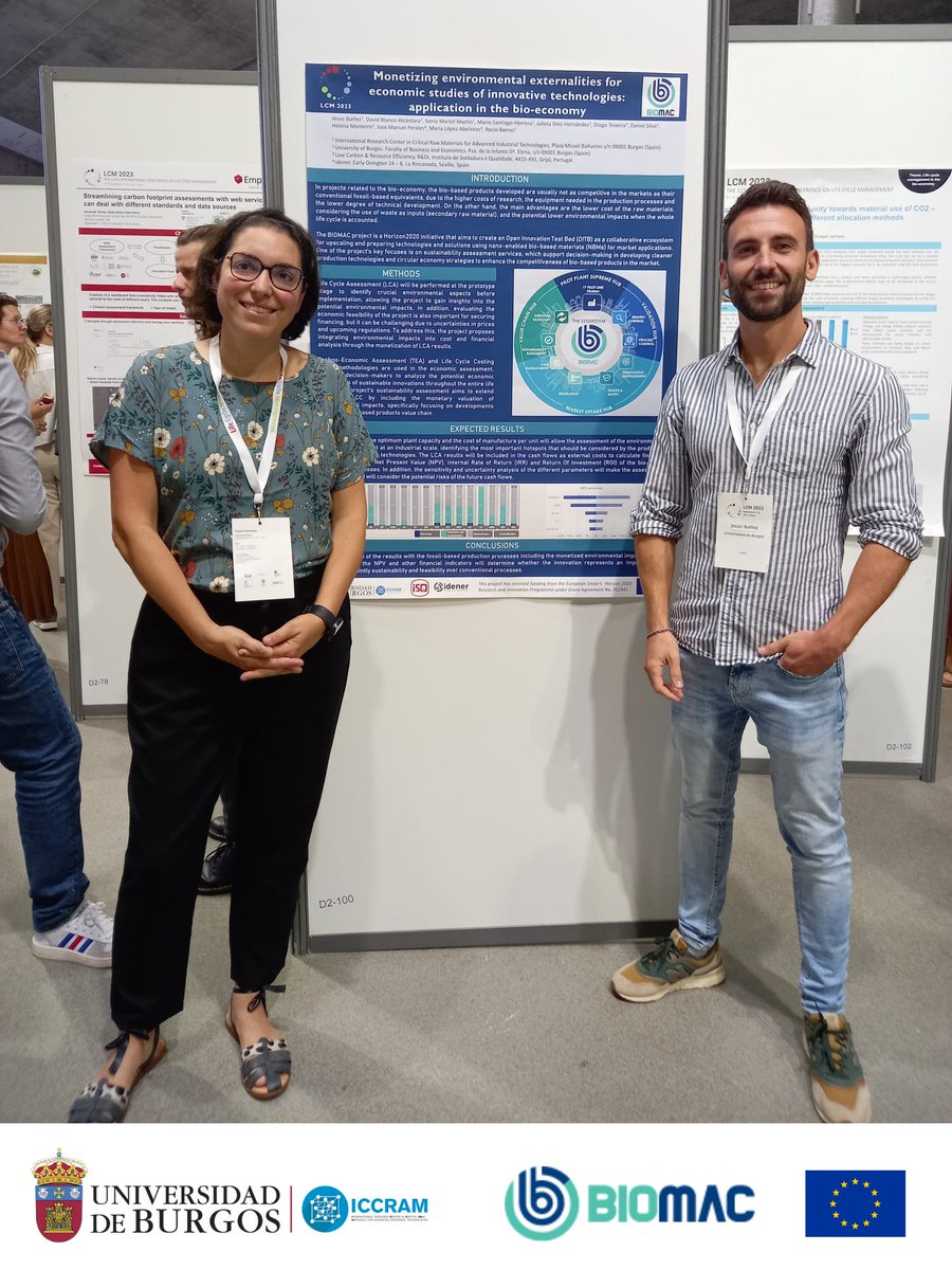 ICCRAM_UBU's tweet image. 📸: Rocío Barros and Jesús Ibáñez presented a poster about #BIOMAC project at the #LCM2023.

💬 This work is about Life cycle management in the bio-economy: “Monetizing environmental externalities for economic studies of innovative technologies: application in the bio-economy”.