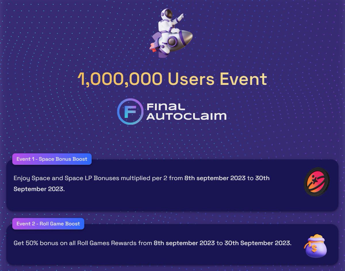 CorpDutchy's tweet photo. π We've Finally Reached 1 Million Users! π
To start the celebration:
1β£ $SPACE and #SpaceLP Bonuses x2π
2β£ +50% on Roll Game Rewards π²
Mark your calendars: ποΈ 8th to 30th September 2023
Don't miss out on this limited-time bonuses!
#1MillionUsers #SpaceBonuses #FinalAutoclaim