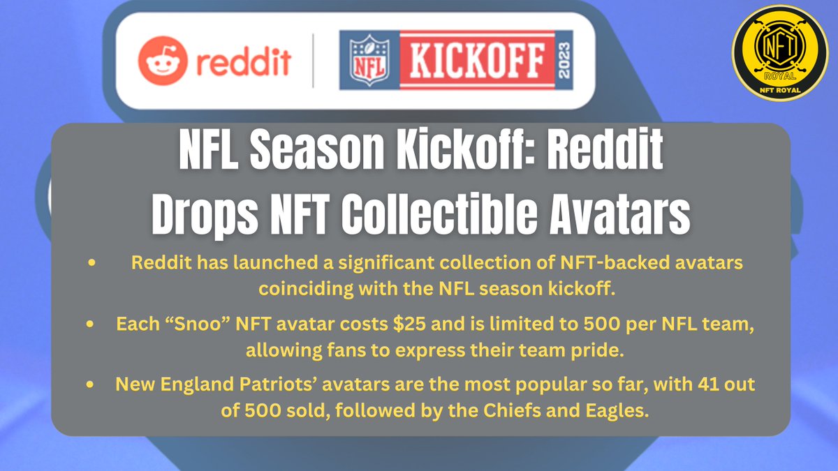 NFTRoyal19's tweet photo. 🏈 Exciting News for NFL Fans! 🚀 @Reddit is changing the game with NFT Collectible Avatars for the NFL Season Kickoff! 🎉 Get ready to own a piece of NFL history. #NFLNFTs #RedditKickoff #GameChanger 🏆🔥💥 https://t.co/ZHdZjkLMIZ
