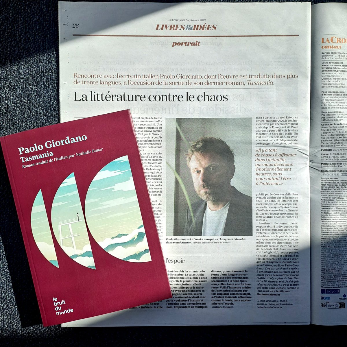 BruitMonde's tweet photo. Tasmania de @paologiordano est dans le journal @LaCroix avec un article signé Marianne Meunier ! Merci 🙏🏻
#rentreelitteraire #rl23 #tasmania #paologiordano https://t.co/XueGA9GVNX