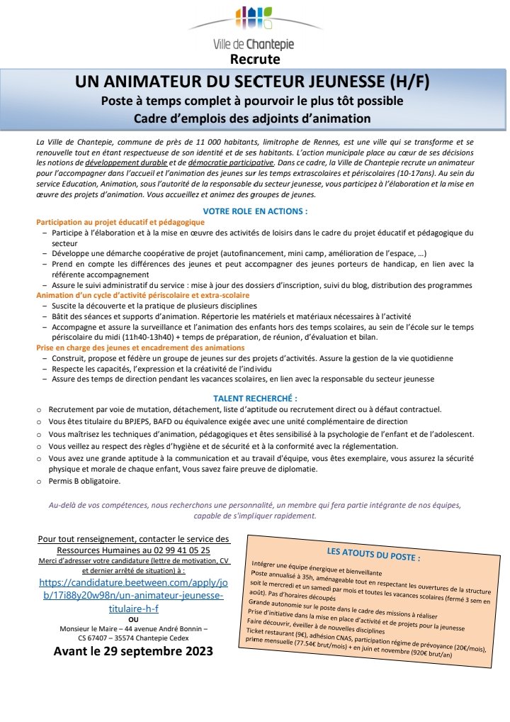 sarahjaubertFR's tweet photo. La @VilleChantepie recrute un animateur jeunesse, cadre d'emplois adjoint d'animation, à temps complet pour fin septembre. https://t.co/1tx7Ml50FR