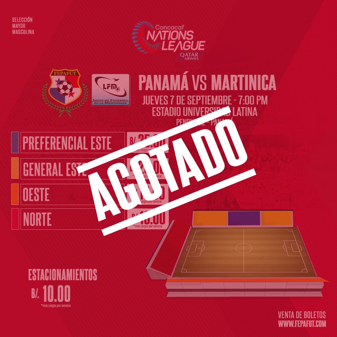 🔥 BOLETOS AGOTADOS 🔥

El Estadio Universidad Latina estará al 100% de su capacidad tras haberse vendido todos los boletos 🎟️ de grada y estacionamientos disponibles. 

Hoy habrá un gran ambiente apoyando a Panamá 🇵🇦 en su debut en la Concacaf Nations League.