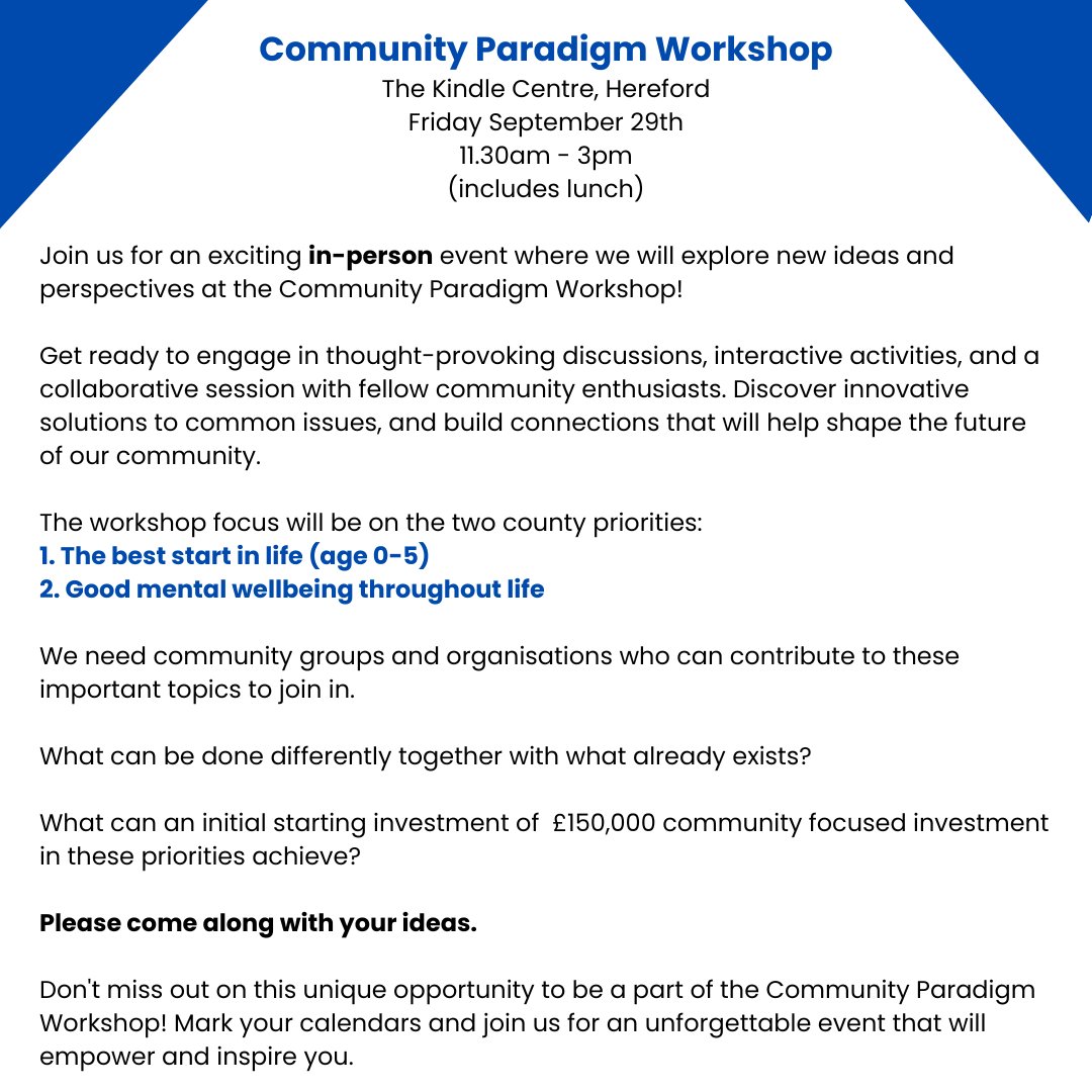 🔶On September 29th, the regular event will be followed by a Community Paradigm Workshop. Book onto both events today. Newcomers welcome!  🔸Community Partnership Event (9-11am)
eventbrite.co.uk/e/herefordshir…
🔹Community Paradigm Workshop (11.30am-3pm)
eventbrite.co.uk/e/community-pa…