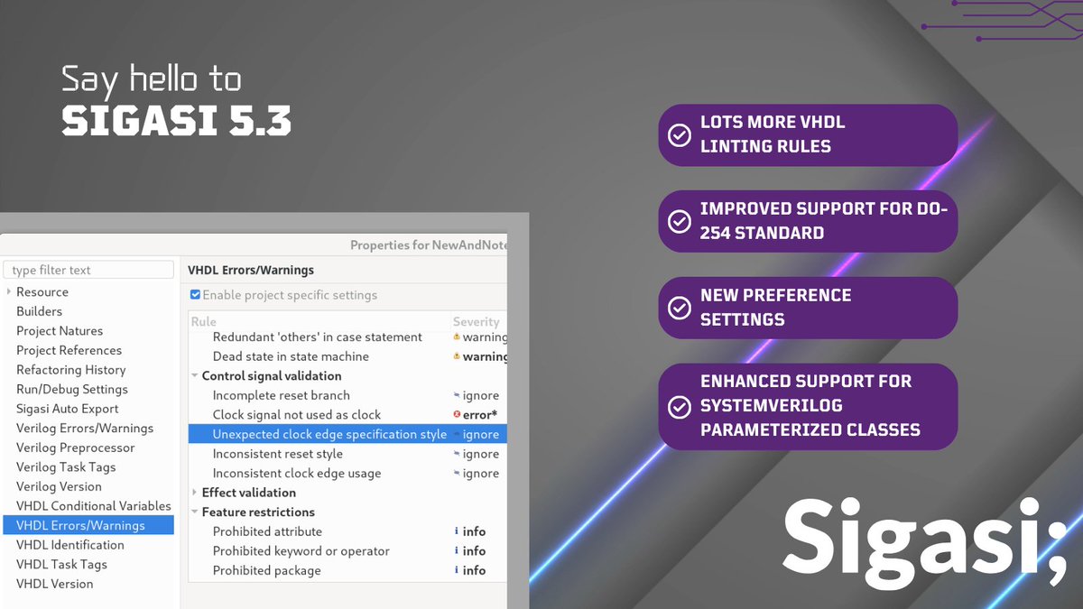 Sigasi 5.3 has arrived!

🔄 Update now to enjoy many new VHDL linting rules, better support for SystemVerilog parameterized classes, and more control over project-specific guidelines &amp; conventions with new preference settings: zurl.co/BeAc 

 #SigasiRelease #HDL #RTL