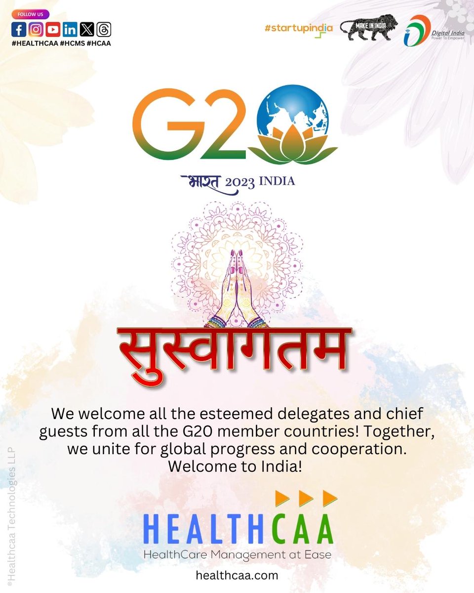 healthcaa's tweet photo. We welcome all the esteemed delegates and chief guests from all the G20 member countries! Together, we unite for global progress and cooperation. Welcome to India! #Healthcaa #G20Summit #HCMS #HCAA #INDIA https://t.co/nRX0KMelUm