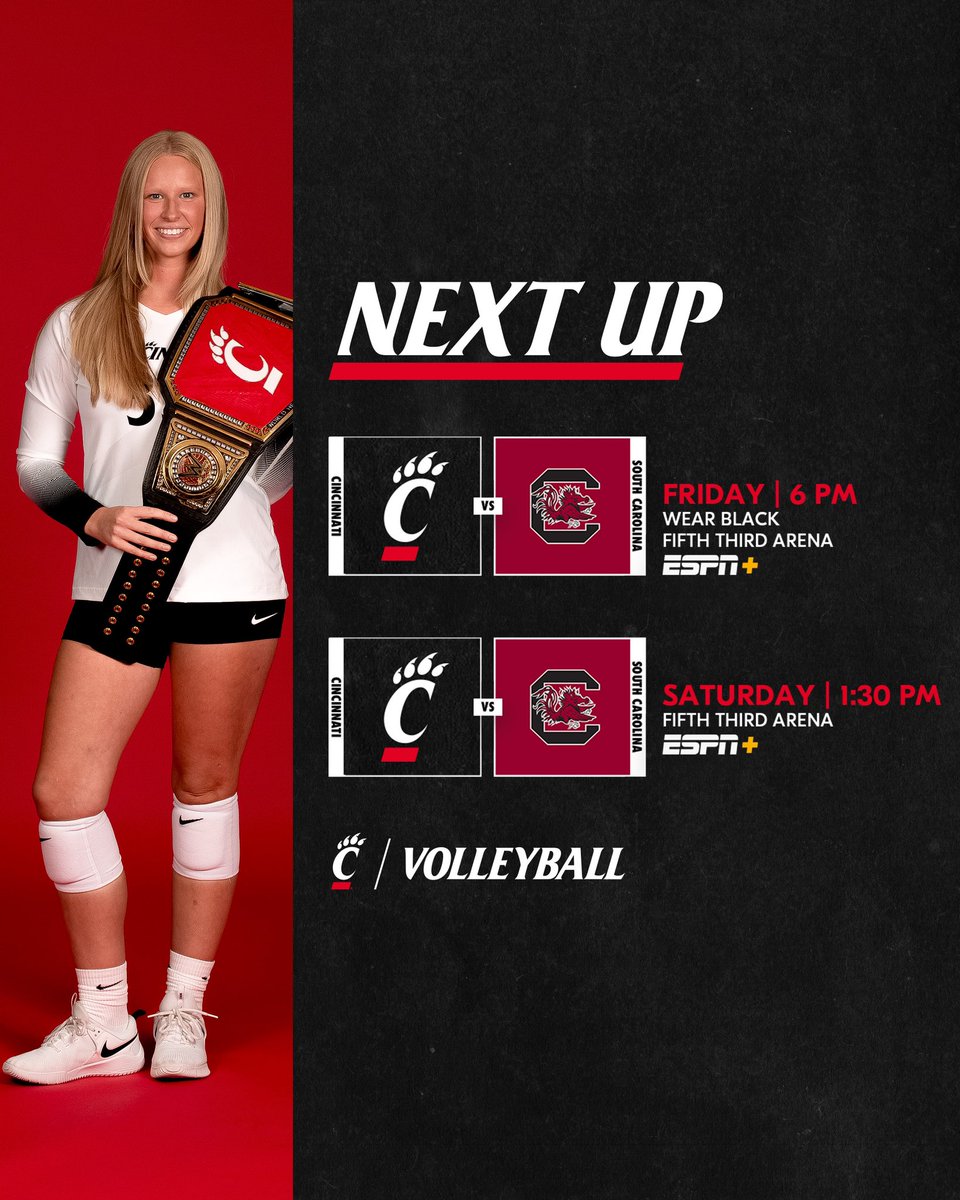 GoBearcatsVB's tweet photo. Next Up » South Carolina

Friday:
⚫️ Wear Black
⚫️ Ice Cream for first 100 fans

#Bearcats https://t.co/A7RtyBSQ98