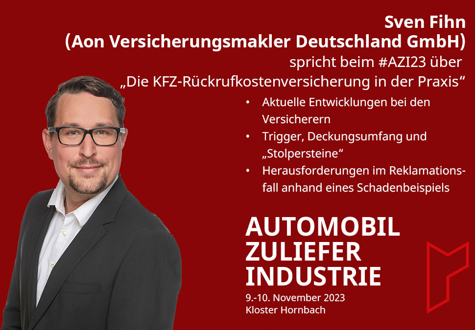 Sven Fihn von <a href="/Aon_Deutschland/">Aon Deutschland</a> spricht beim #AZI23 über die #KFZ-#Rückrufkostenversicherung in der Praxis, über aktuelle Entwicklungen bei den Versicherungen, Trigger, Deckungsumfang und "Stolpersteine" sowie über Herausforderungen im Reklamationsfall. automotivelaw.de