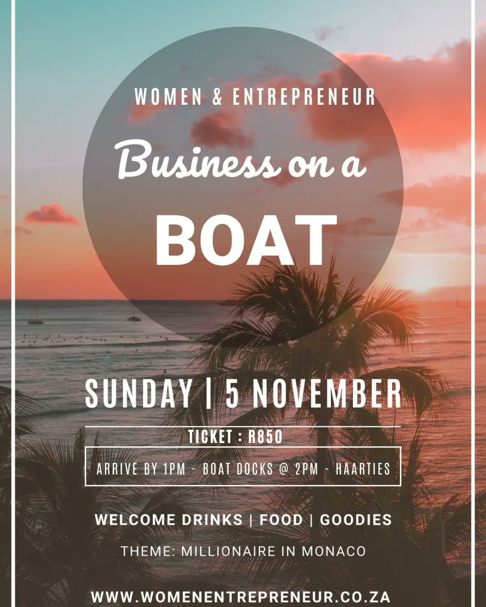 UrithiM's tweet photo. 📢 @WE_SouthAfrica presents Business On A Boat Networking Cruise!!! 

Date: 5th of November 2023 in Haartes! 

Get your tickets before they get sold out!!

Contact: Nadine.WomenEntrepreneur@gmail.com to secure your ticket

#businessonaboat #businessevent https://t.co/5kqEd4pI4w
