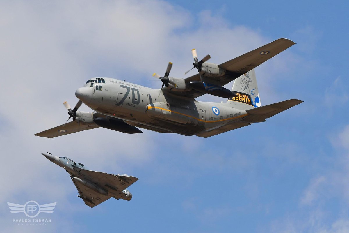 AegeanDeltas331's tweet photo. #tbt About last weekend… Escorting the legendary, mighty Hercules #c130… #athensflyingweek #afw23 #Dash5 #Mirage2000_5 photo credits @PavlosTsekas https://t.co/jKsQpKeUbZ
