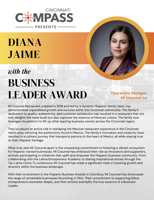 Diana Jaime and family at Mi Cozumel demonstrate unparalleled growth and success in the Cincinnati region. For their commitment to inclusive business growth and support of Hispanic-owned businesses they will receive the Business Leader Award. This Friday: eventbrite.com/e/cincinnati-c…