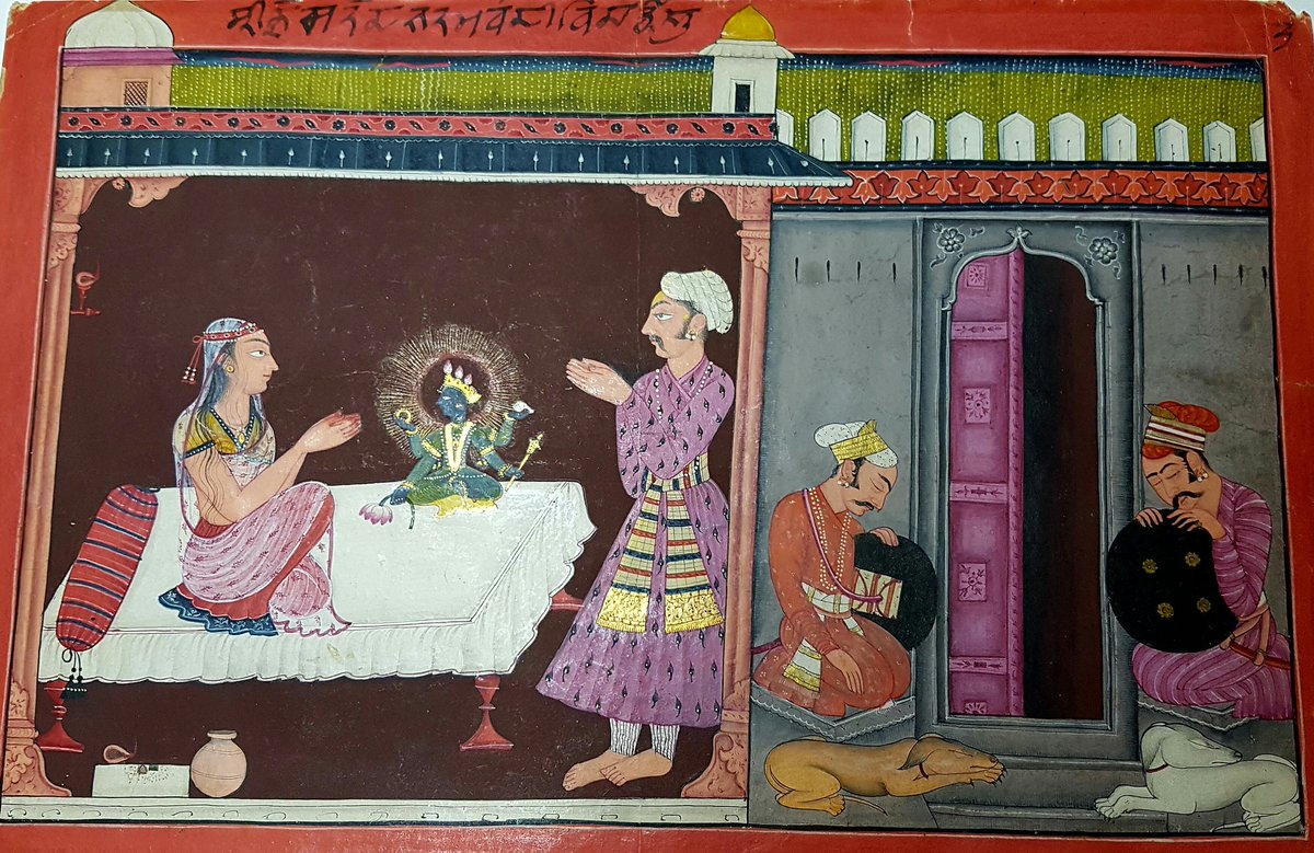 MankotArt's tweet photo. "Bhagwan Vishnu appears in front of imprisoned Devaki and Vasudev and tells her that she is going to give birth to his Avatar, #Krishna."

On this pious occasion of Krishna Janamashtami, sharing a #PahariPainting from Bhagavad Puran series from #Mankot (#Ramkot), J&amp;K
c1700 A. D. https://t.co/nL5XF7Bh65