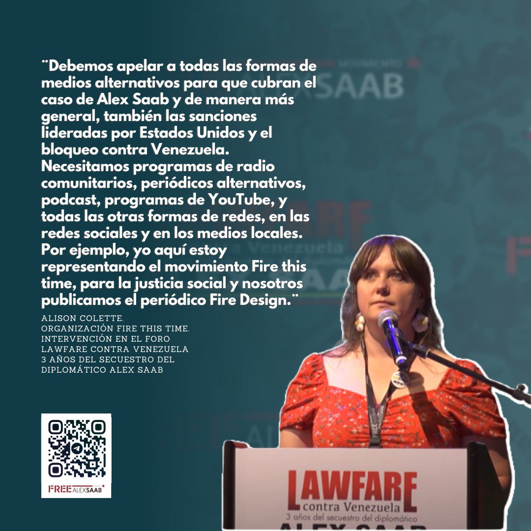 La activista de la Organización Fire This Time <a href="/alisoncolette/">Alison</a>, invitó a apelar los medios de comunicación alternativos para así poder cubrir el caso del Diplomático Alex Saab y las sanciones de EEUU contra Venezuela.

#FreeAlexSaab 
<a href="/JoeBiden/">Joe Biden</a> <a href="/TheJusticeDept/">U.S. Department of Justice</a>
<a href="/ONU_es/">Naciones Unidas</a> <a href="/StateSEHI/">Special Envoy for Holocaust Issues Ellen Germain</a>