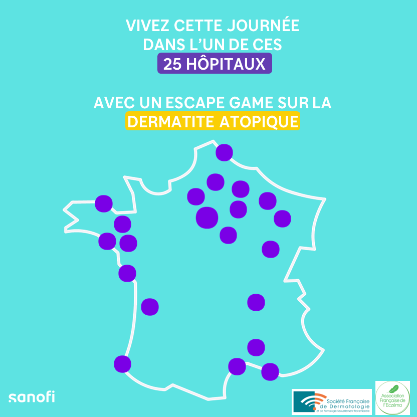 SanofiFR's tweet photo. [#News] Pour la Journée mondiale de la Dermatite Atopique, ce 14 septembre, nous vous donnons rendez-vous dans 25 hôpitaux 🏥 en #France afin de mieux connaître cet #eczema entouré de préjugés. 

@asso_eczema
@SFDermatologie

#WorldADDay
#ChangeAD
#Maintenantjagis