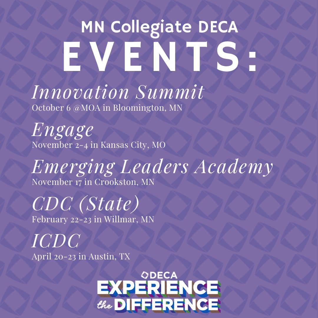MinnesotaDeca's tweet photo. We are officially less than one month away from our first #MNCDECA Conference! Make sure to register for our upcoming events! We look forward to seeing you throughout the school year! Make sure to check out https://t.co/GRaLWMXflw for more information😁 #ExperienceTheDifference https://t.co/8NlflMuYfm