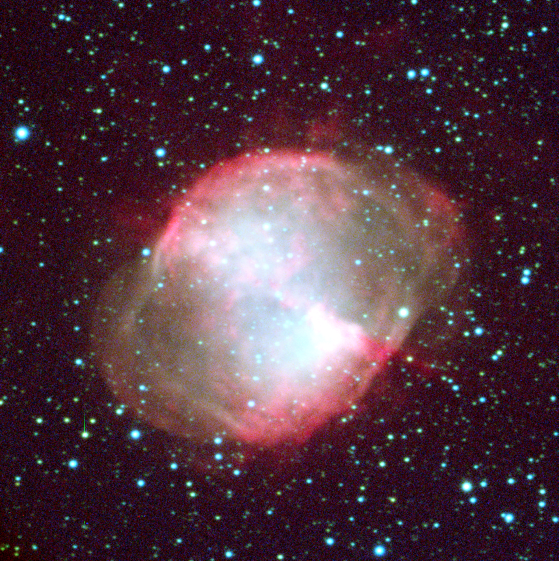 NGC3314's tweet photo. Live Astronomy @DragonCon 2023 - Dumbbell Nebula M27 in filter sets which are close to RGB, and using a narrow H-alpha filter for the red channel to emphasize the ionized gas. @SARA_Obs  Kapteyn telescope, La Palma. @dconspacetrack https://t.co/RbjwxzR3Wk