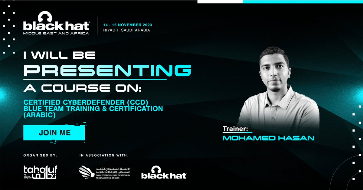 Excited to teach our signature #BlueTeam course for #SOC analysts #CertifiedCyberDefender at Black Hat MEA from 8th-12th Nov! 🚀 Seats are going fast. Join us for this unique on-site experience: bit.ly/3rcLU4V.  
#DFIR #BlackHatMEA #InfoSec #CyberDefenders #CCD