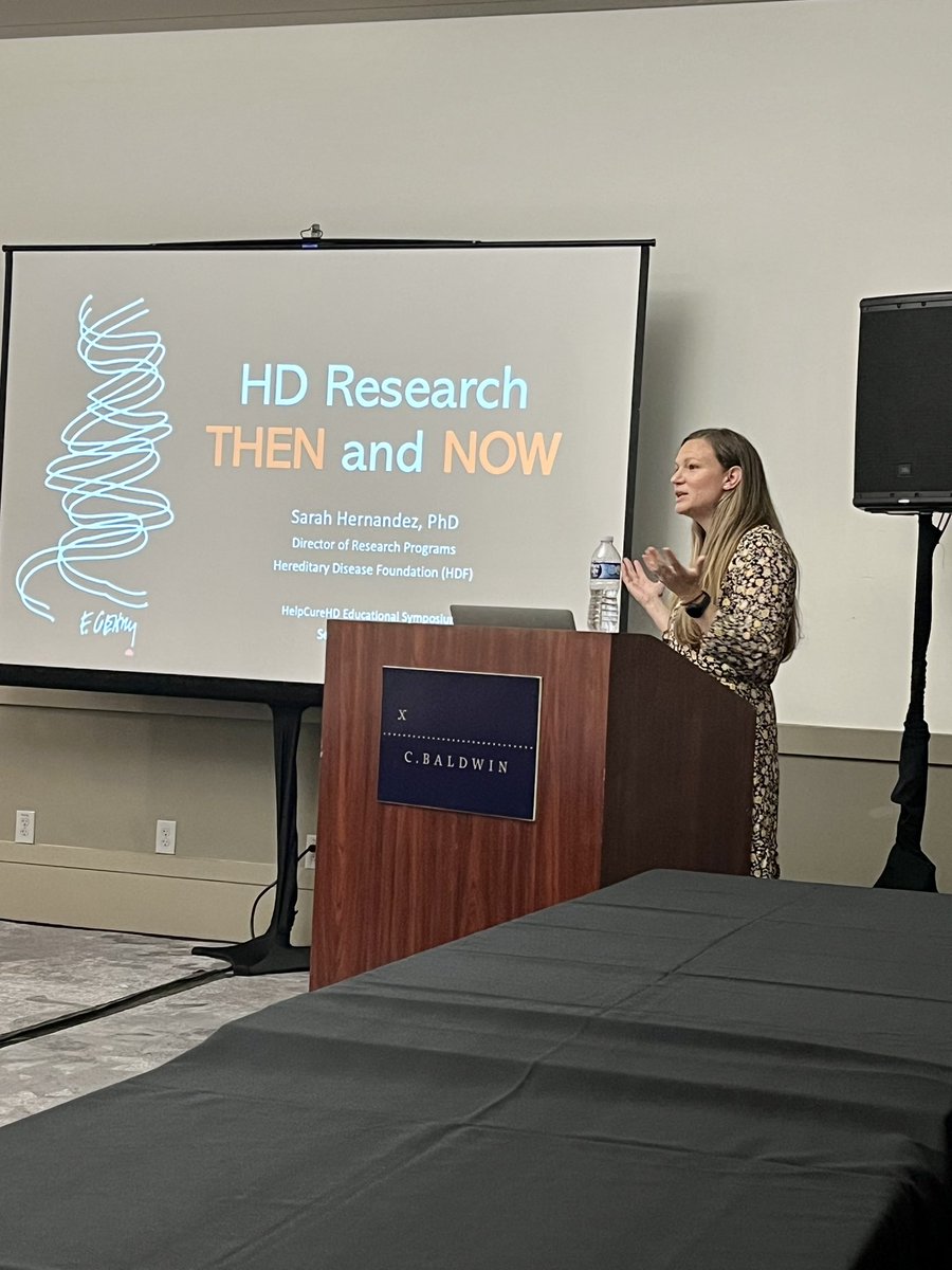 Dr. Sarah Hernandez from <a href="/hdfcures/">HDF</a> and <a href="/HDBuzzFeed/">HDBuzz</a> speaking about HD research over the years at the <a href="/HelpCureHD/">The Neuroscience Fund</a> educational forum.