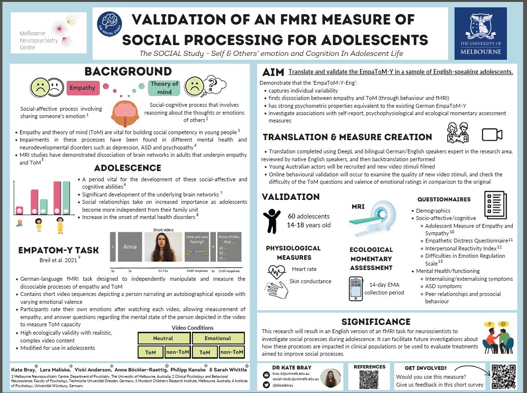 Kate Bray (@kbkatebray) on Twitter photo Hi #Flux2023! Interested in empathy, theory of mind, fMRI, adolescent period... Come chat with me today 4:30-6pm at my poster (1-Q-116). <a href="/MNC_Psychiatry/">Melbourne Neuropsychiatry Centre</a> @SAND_MNC. Also fill this quick survey: forms.gle/Q1d7VarDdePhW9… Hi #Flux2023! Interested in empathy, theory of mind, fMRI, adolescent period... Come chat with me today 4:30-6pm at my poster (1-Q-116). <a href="/MNC_Psychiatry/">Melbourne Neuropsychiatry Centre</a> @SAND_MNC. Also fill this quick survey: forms.gle/Q1d7VarDdePhW9…