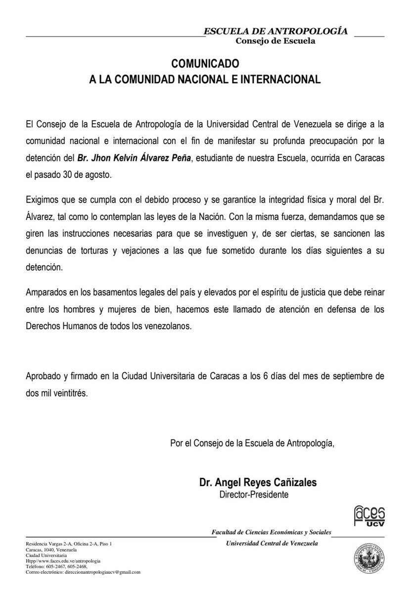Comunicado del Consejo de la Escuela de Antropologia