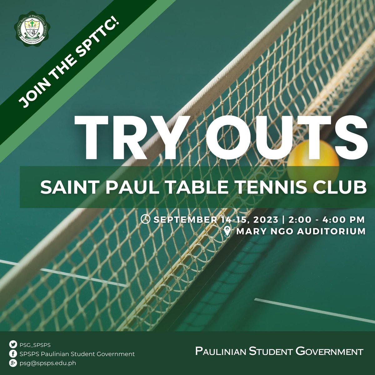 PSG_SPSPS's tweet photo. 𝐀𝐭𝐭𝐞𝐧𝐭𝐢𝐨𝐧, 𝐚𝐥𝐥 𝐏𝐚𝐮𝐥𝐢𝐧𝐢𝐚𝐧 𝐏𝐚𝐝𝐝𝐥𝐞𝐫𝐬!

Get ready to show your table tennis skills for the recruitment of the Saint Paul Table Tennis Club this September 14-15, 2023, from 2:00 PM-4:00 PM at the Mary Ngo Auditorium. https://t.co/cClZs7D8qs