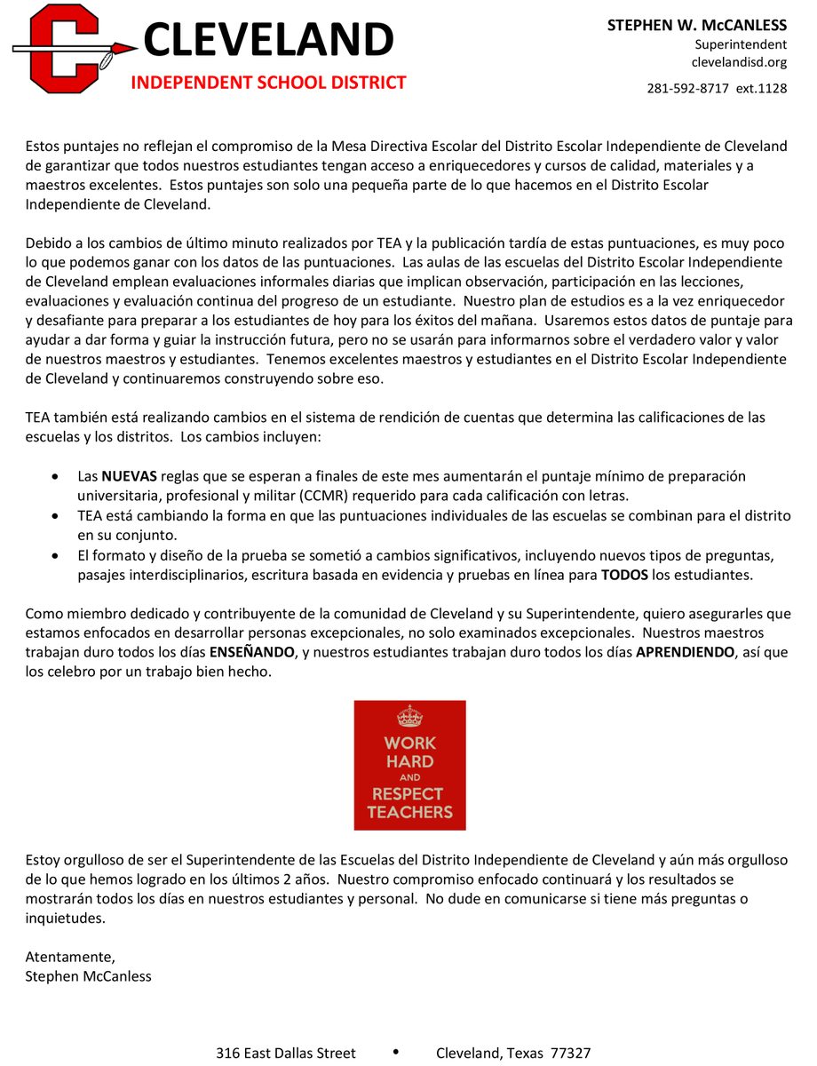 Cleveland ISD Families,

Please see this letter from Superintendent McCanless regarding TEA accountability scores for the 22-23 school year and what you can expect to see based on new rules being put into place.