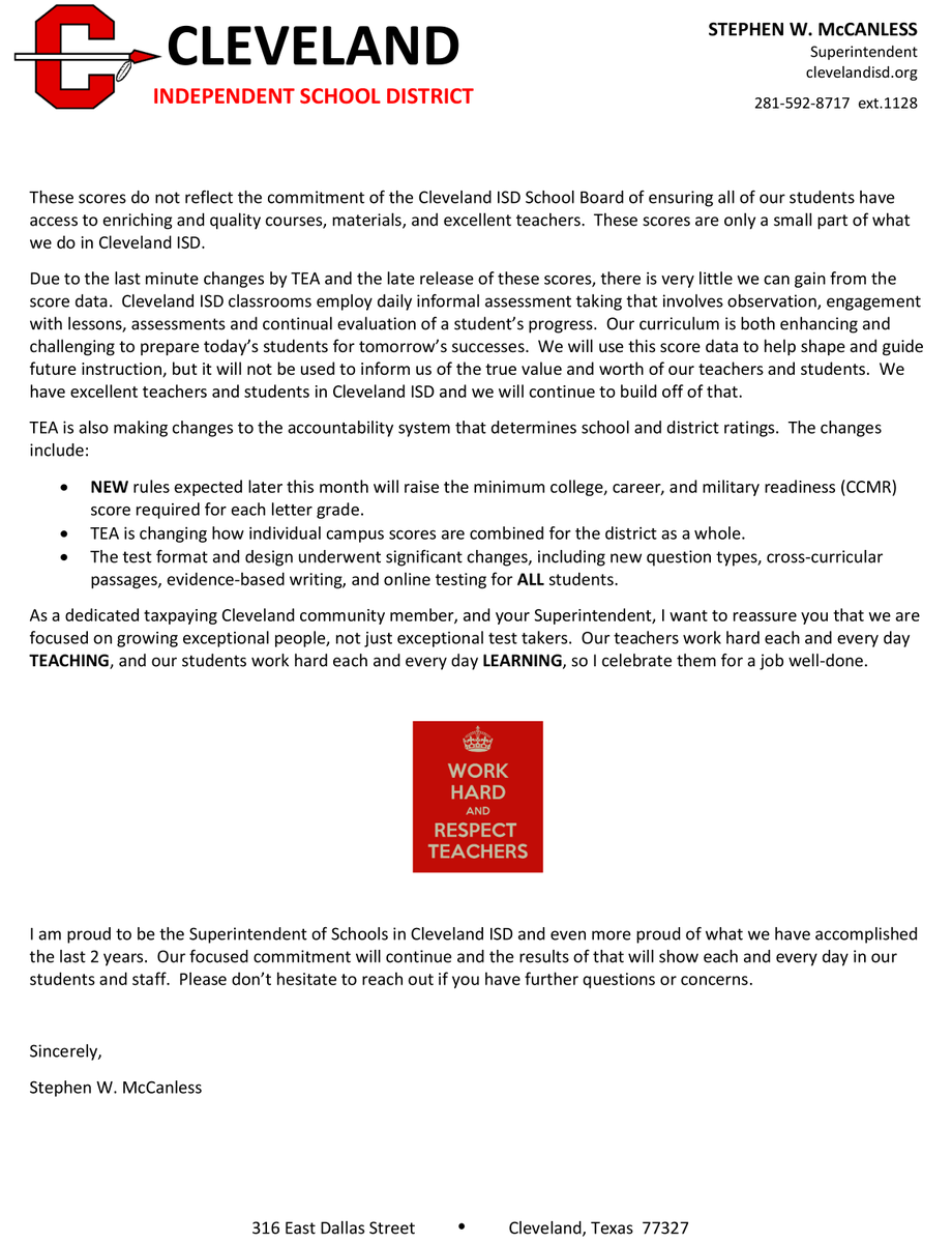 ClevelandISDTX's tweet photo. Cleveland ISD Families,

Please see this letter from Superintendent McCanless regarding TEA accountability scores for the 22-23 school year and what you can expect to see based on new rules being put into place. https://t.co/yR6xKNn6gc