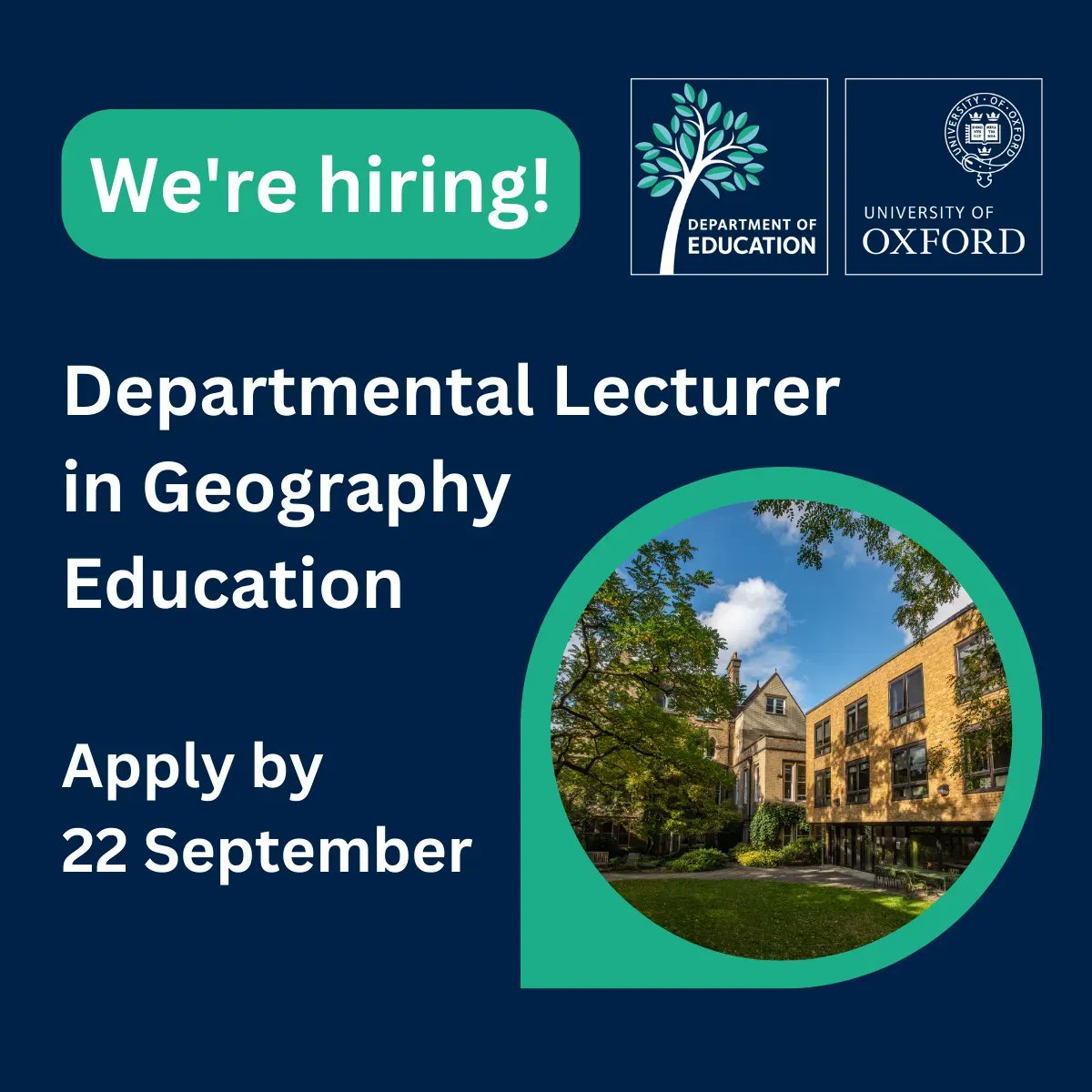 New vacancy! We are recruiting a Departmental Lecturer in Geography Education to join our academic team. Find out more and apply ➡ buff.ly/3EuRgvn #edutwitter #hiring @UniofOxford